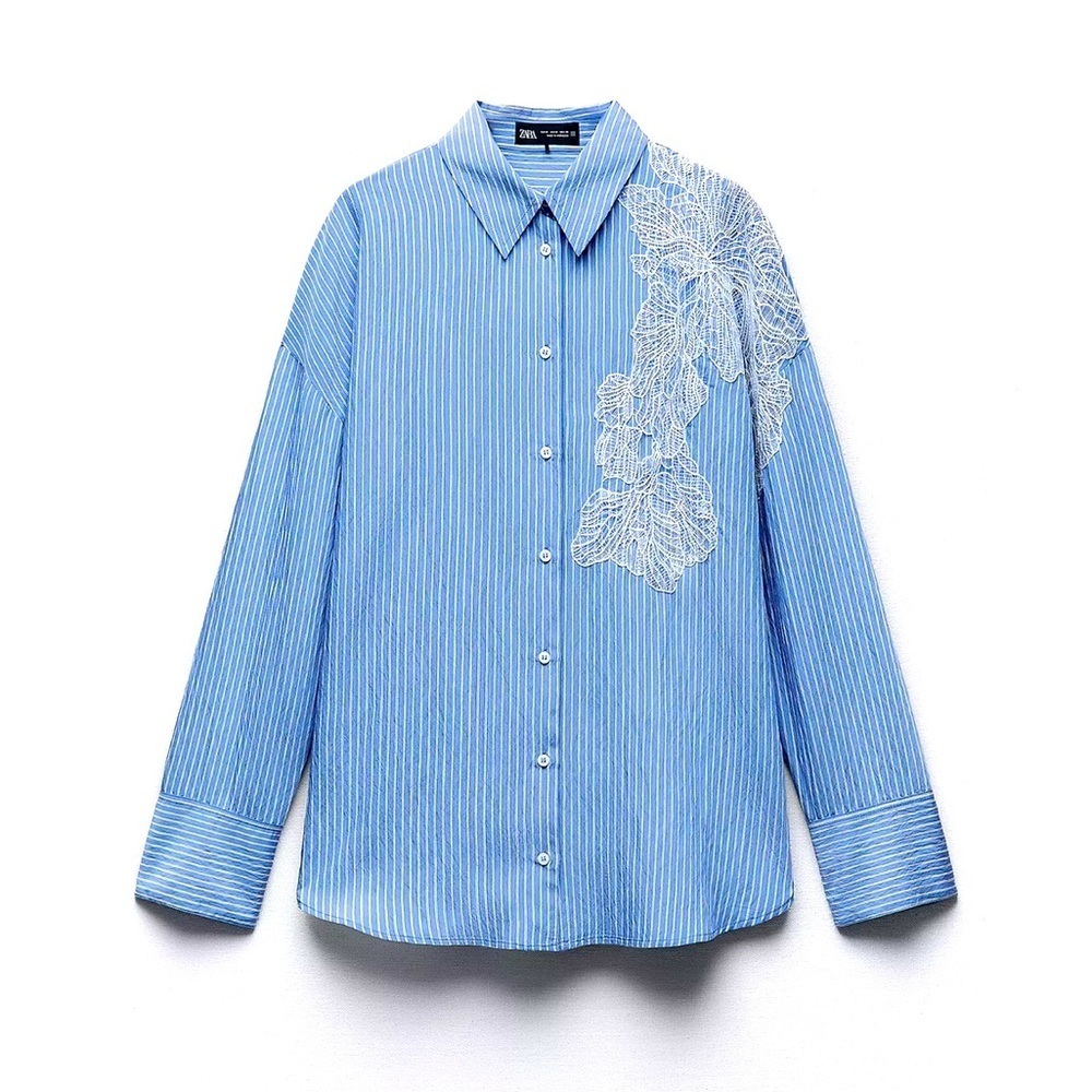 New ZARA Embroidered Flower Striped Shirt